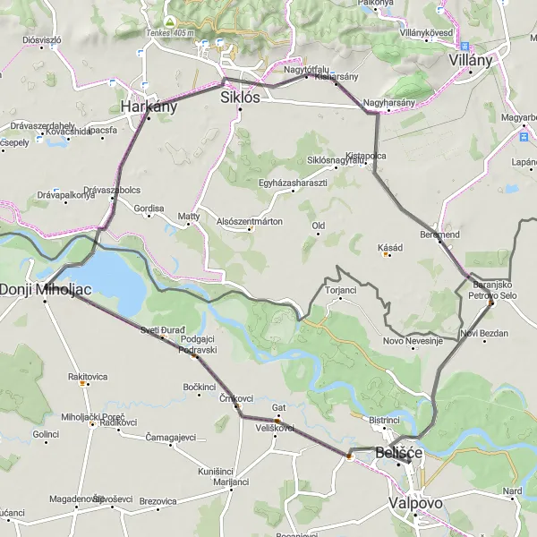 Map miniature of "The Siklós-Genting Loop" cycling inspiration in Dél-Dunántúl, Hungary. Generated by Tarmacs.app cycling route planner