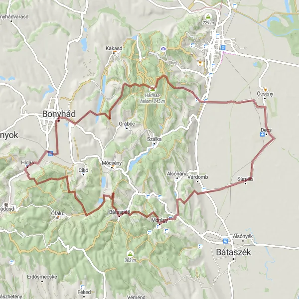 Map miniature of "The Gravel Escape" cycling inspiration in Dél-Dunántúl, Hungary. Generated by Tarmacs.app cycling route planner