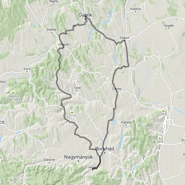 Map miniature of "Hidas Scenic Road Tour" cycling inspiration in Dél-Dunántúl, Hungary. Generated by Tarmacs.app cycling route planner