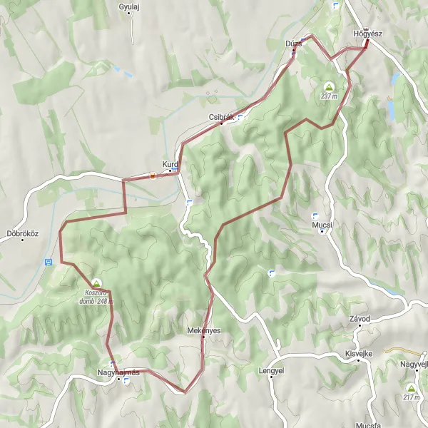 Map miniature of "Through the Hillside Trails" cycling inspiration in Dél-Dunántúl, Hungary. Generated by Tarmacs.app cycling route planner