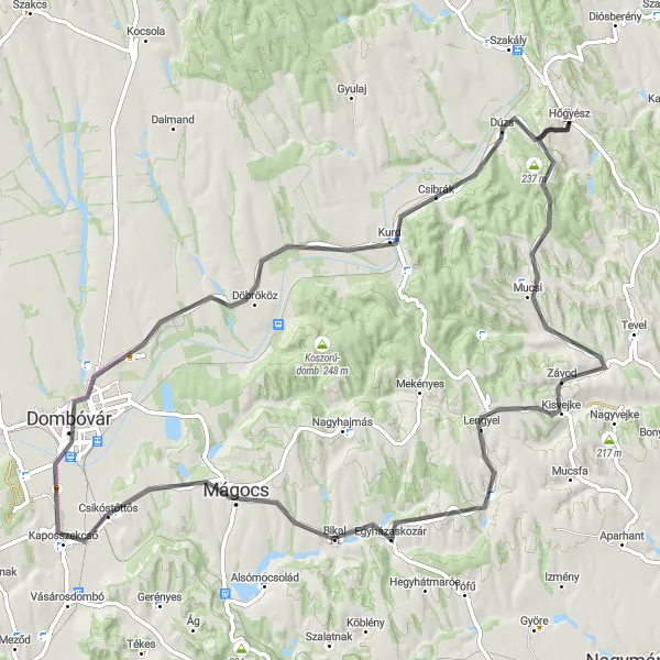 Map miniature of "Scenic Road Tour near Hőgyész" cycling inspiration in Dél-Dunántúl, Hungary. Generated by Tarmacs.app cycling route planner