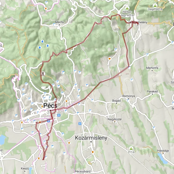 Map miniature of "Hidden Hills and Historic Sites" cycling inspiration in Dél-Dunántúl, Hungary. Generated by Tarmacs.app cycling route planner