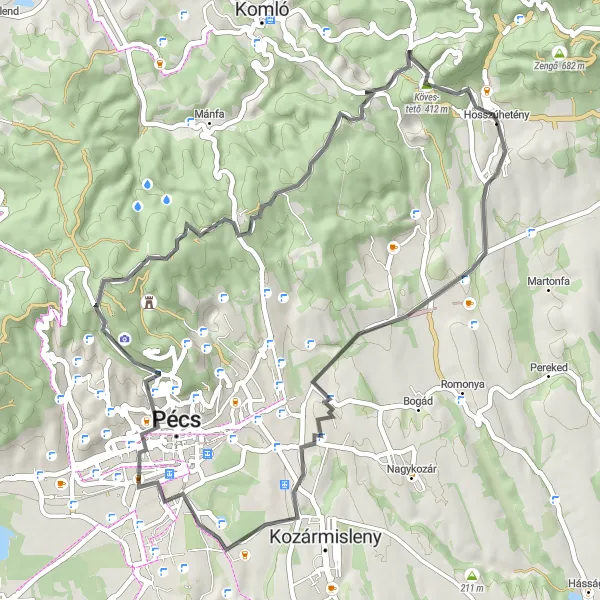 Map miniature of "Hosszúhetény Road Adventure" cycling inspiration in Dél-Dunántúl, Hungary. Generated by Tarmacs.app cycling route planner