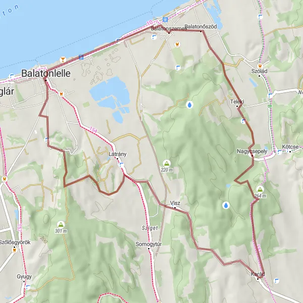 Map miniature of "Balaton Panoramas and Picturesque Villages" cycling inspiration in Dél-Dunántúl, Hungary. Generated by Tarmacs.app cycling route planner