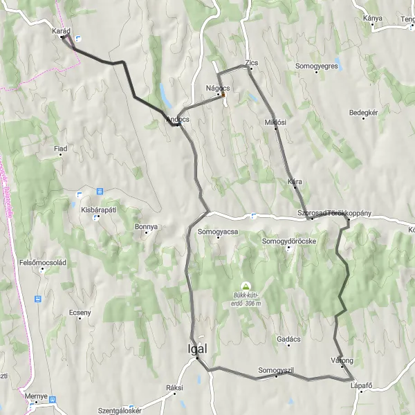 Map miniature of "Andocs Round Trip" cycling inspiration in Dél-Dunántúl, Hungary. Generated by Tarmacs.app cycling route planner