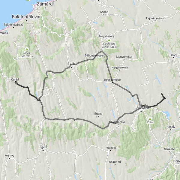 Map miniature of "Countryside Serenity via Iregszemcse" cycling inspiration in Dél-Dunántúl, Hungary. Generated by Tarmacs.app cycling route planner