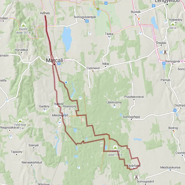 Map miniature of "The Fehér-tói-domb Gravel Adventure" cycling inspiration in Dél-Dunántúl, Hungary. Generated by Tarmacs.app cycling route planner