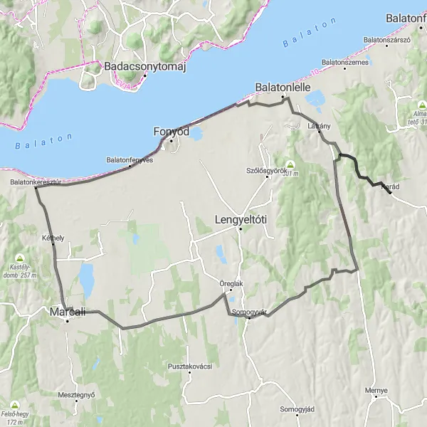 Map miniature of "Kéthely - Balatonfenyves Loop" cycling inspiration in Dél-Dunántúl, Hungary. Generated by Tarmacs.app cycling route planner