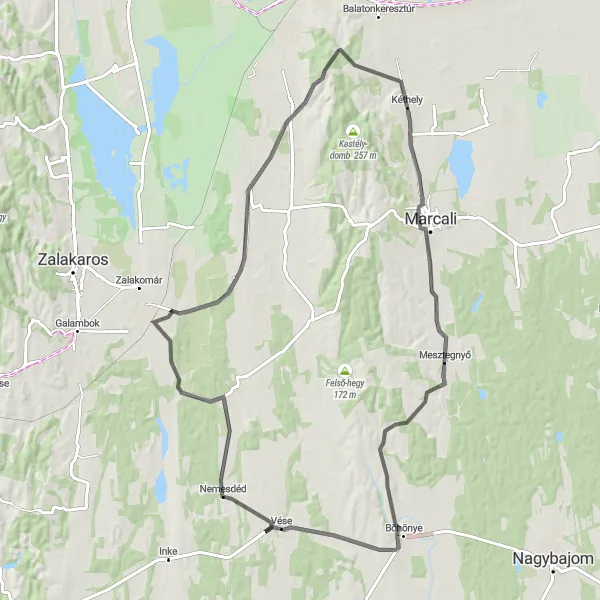 Map miniature of "The Mesztegnyő Road Challenge" cycling inspiration in Dél-Dunántúl, Hungary. Generated by Tarmacs.app cycling route planner