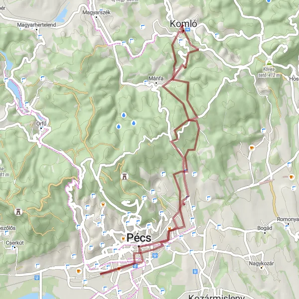 Map miniature of "Árpádtető and Pécs Exploration" cycling inspiration in Dél-Dunántúl, Hungary. Generated by Tarmacs.app cycling route planner