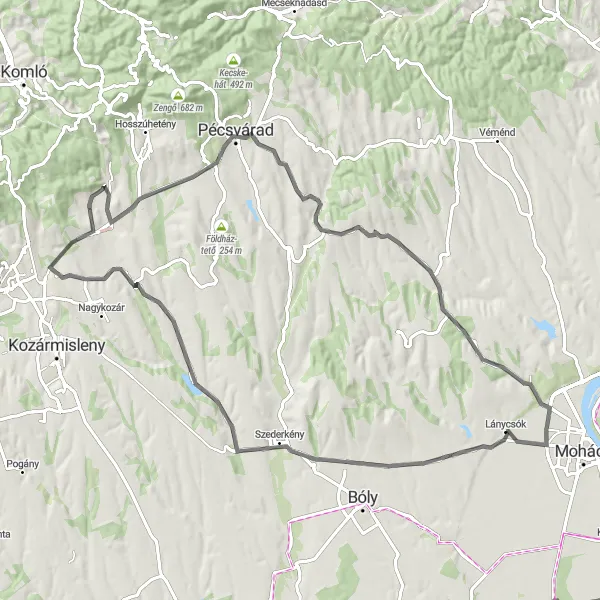 Map miniature of "Discovering Szederkény" cycling inspiration in Dél-Dunántúl, Hungary. Generated by Tarmacs.app cycling route planner