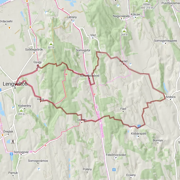 Map miniature of "Countryside Gravel Adventure: Lengyeltóti to Hács" cycling inspiration in Dél-Dunántúl, Hungary. Generated by Tarmacs.app cycling route planner