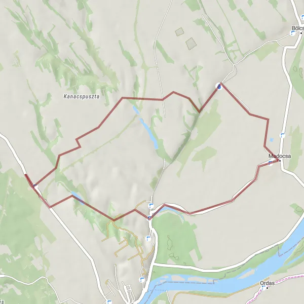 Map miniature of "Madocsa Loop" cycling inspiration in Dél-Dunántúl, Hungary. Generated by Tarmacs.app cycling route planner