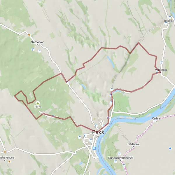 Map miniature of "Paks Round Trip" cycling inspiration in Dél-Dunántúl, Hungary. Generated by Tarmacs.app cycling route planner