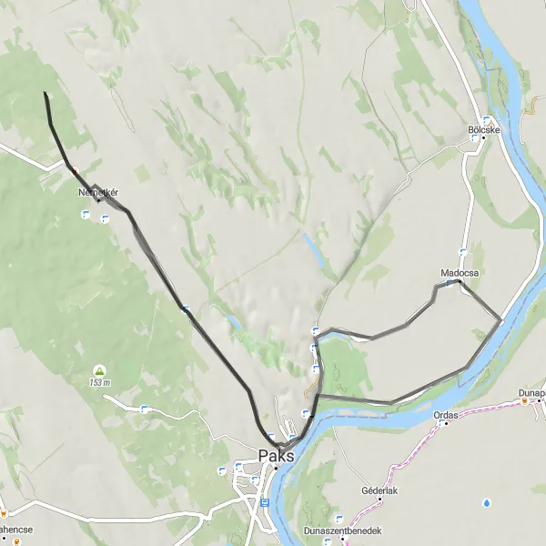 Map miniature of "Madocsa-Paks Loop" cycling inspiration in Dél-Dunántúl, Hungary. Generated by Tarmacs.app cycling route planner