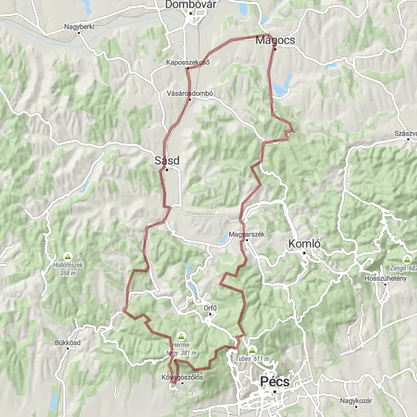 Map miniature of "The Gravel Hills of Mágocs" cycling inspiration in Dél-Dunántúl, Hungary. Generated by Tarmacs.app cycling route planner