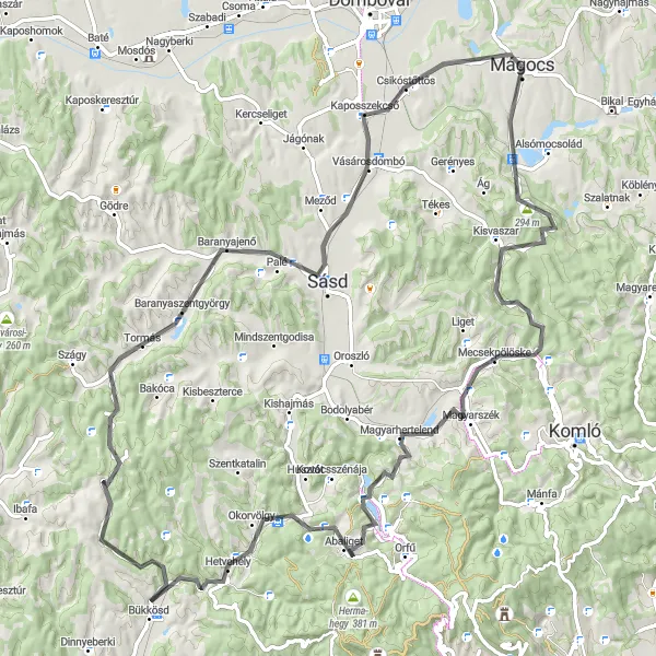 Map miniature of "The Ultimate Sásd and Abaliget Cycling Challenge" cycling inspiration in Dél-Dunántúl, Hungary. Generated by Tarmacs.app cycling route planner