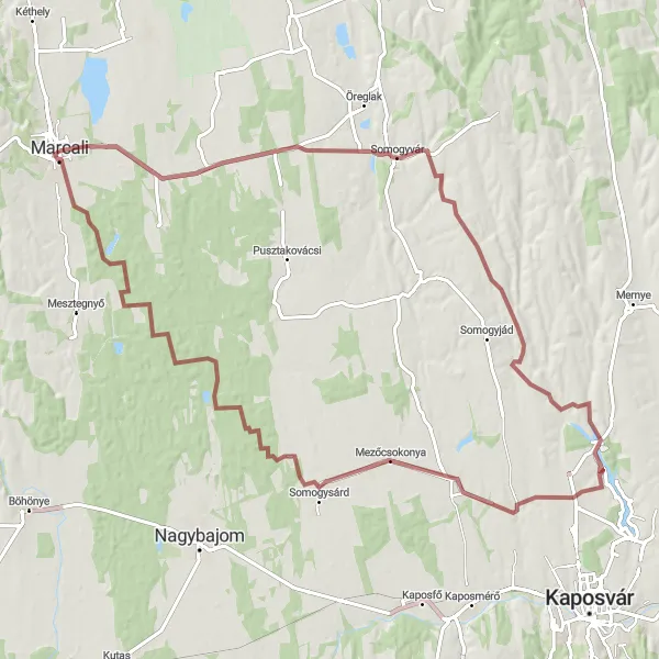 Map miniature of "Marcali Gravel Adventure" cycling inspiration in Dél-Dunántúl, Hungary. Generated by Tarmacs.app cycling route planner