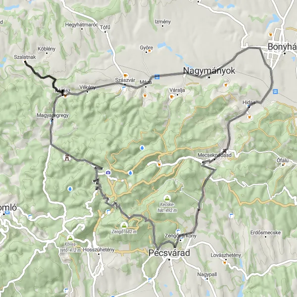 Map miniature of "The Hillside Adventure" cycling inspiration in Dél-Dunántúl, Hungary. Generated by Tarmacs.app cycling route planner