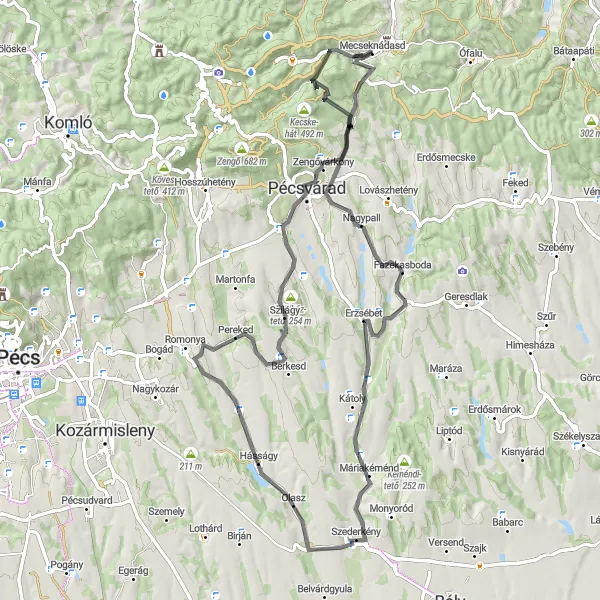 Map miniature of "The Majestic Mecsek Tour" cycling inspiration in Dél-Dunántúl, Hungary. Generated by Tarmacs.app cycling route planner