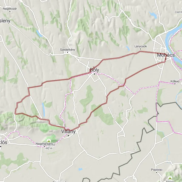 Map miniature of "Gravel Adventure from Nagynyárád to Lánycsók" cycling inspiration in Dél-Dunántúl, Hungary. Generated by Tarmacs.app cycling route planner