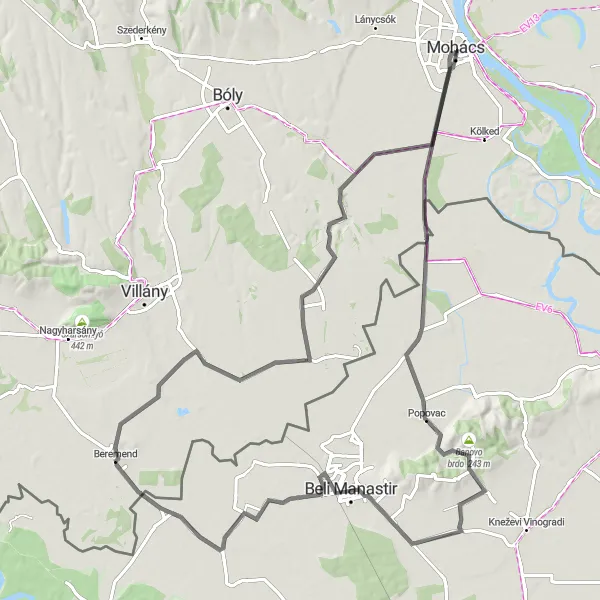 Map miniature of "The Mohács to Udvar Cycling Route" cycling inspiration in Dél-Dunántúl, Hungary. Generated by Tarmacs.app cycling route planner