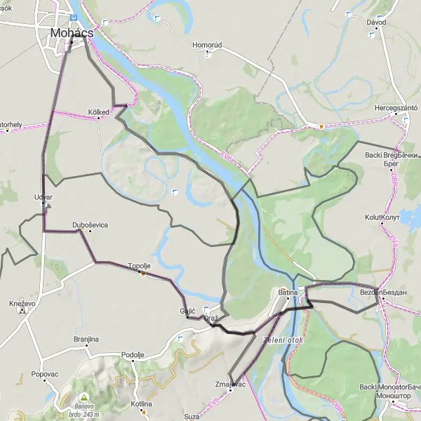 Map miniature of "Trojnaš to Udvar Scenic Cycling Route" cycling inspiration in Dél-Dunántúl, Hungary. Generated by Tarmacs.app cycling route planner