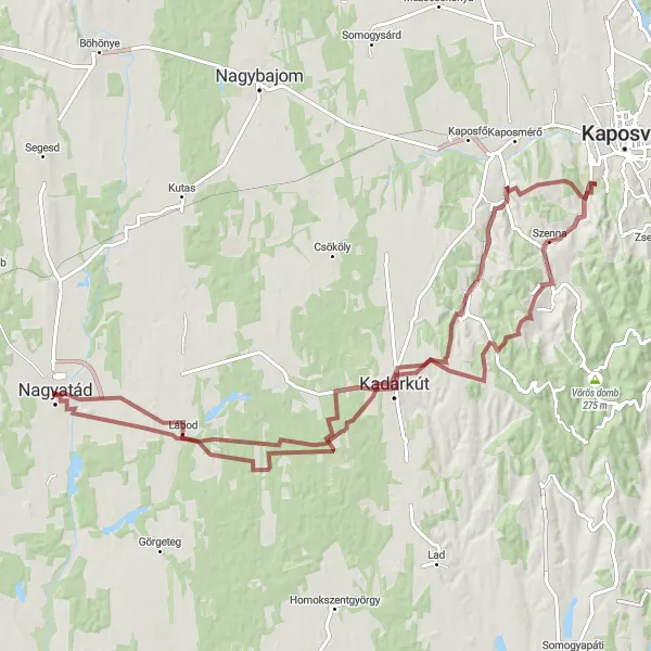 Map miniature of "Gravel Adventure to Kaposszentbenedek" cycling inspiration in Dél-Dunántúl, Hungary. Generated by Tarmacs.app cycling route planner