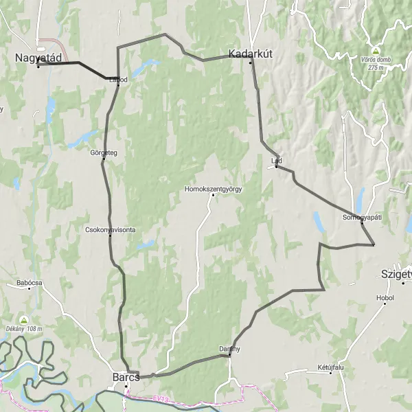 Map miniature of "Kadarkút and Csokonyavisonta Countryside Road Adventure" cycling inspiration in Dél-Dunántúl, Hungary. Generated by Tarmacs.app cycling route planner