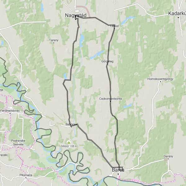 Map miniature of "Háromfa and Somogytarnóca Scenic Road Loop" cycling inspiration in Dél-Dunántúl, Hungary. Generated by Tarmacs.app cycling route planner