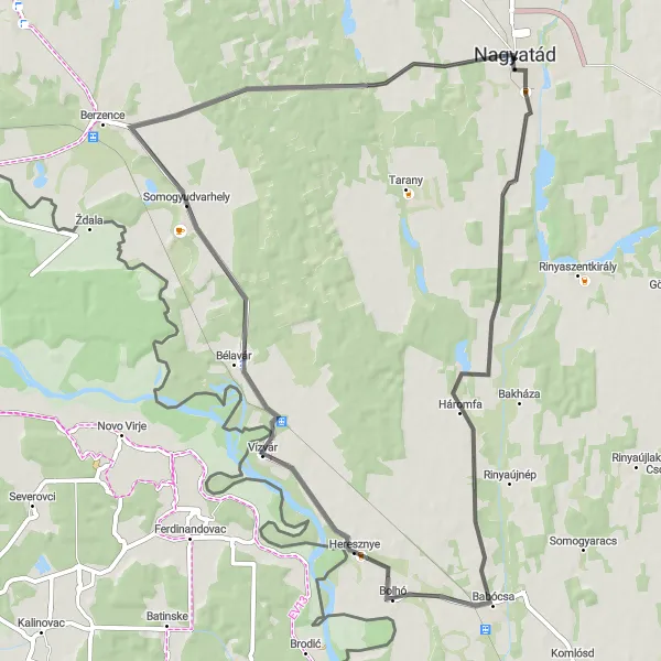 Map miniature of "Bodvica Road Loop" cycling inspiration in Dél-Dunántúl, Hungary. Generated by Tarmacs.app cycling route planner