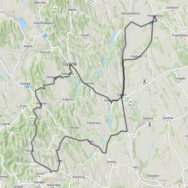 Map miniature of "Nagydorog - Kajdacs - Söréttorony - Kéty - Tevel - Hőgyész - Gyönk - Kistormás - Sárszentlőrinc Circuit" cycling inspiration in Dél-Dunántúl, Hungary. Generated by Tarmacs.app cycling route planner
