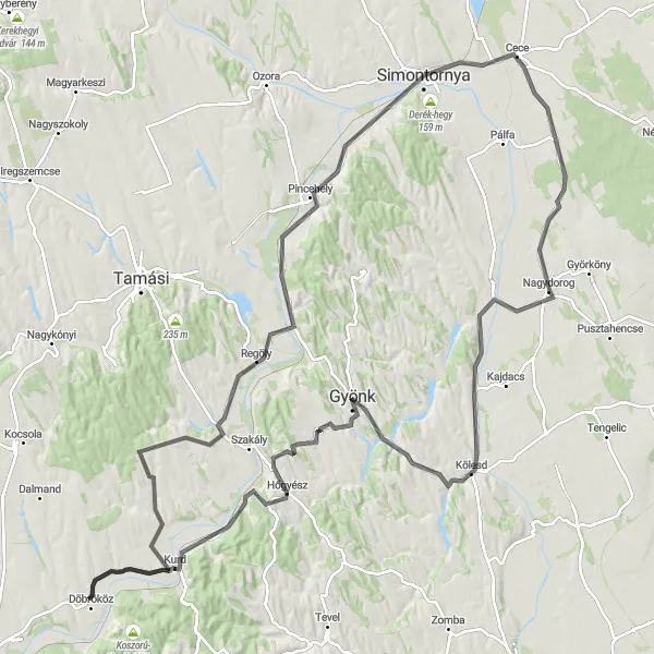 Map miniature of "The Sárszentlőrinc Road Cycling Route" cycling inspiration in Dél-Dunántúl, Hungary. Generated by Tarmacs.app cycling route planner