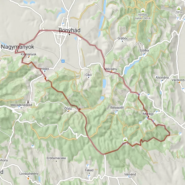 Map miniature of "Majos Gravel Route" cycling inspiration in Dél-Dunántúl, Hungary. Generated by Tarmacs.app cycling route planner