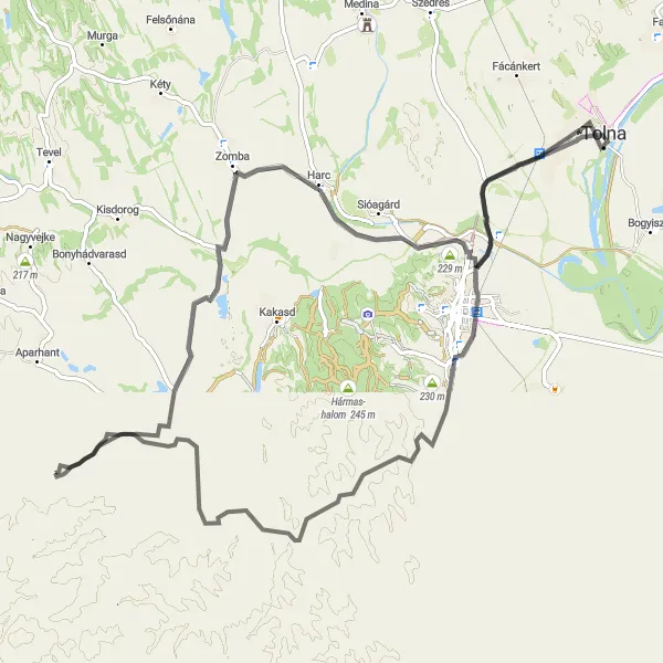 Map miniature of "Scenic Road Tour" cycling inspiration in Dél-Dunántúl, Hungary. Generated by Tarmacs.app cycling route planner