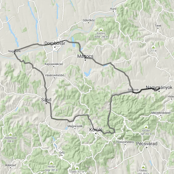 Map miniature of "Hill Country Mystery" cycling inspiration in Dél-Dunántúl, Hungary. Generated by Tarmacs.app cycling route planner