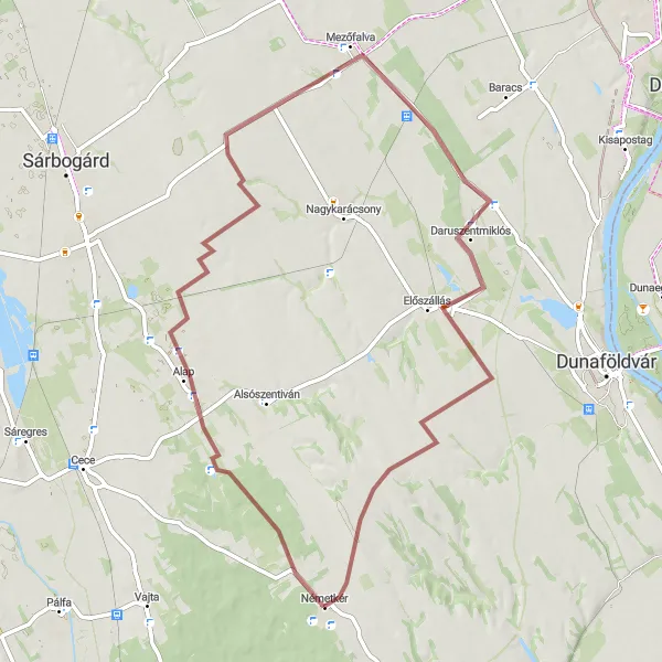 Map miniature of "The Gravel Loop: Németkér and Beyond" cycling inspiration in Dél-Dunántúl, Hungary. Generated by Tarmacs.app cycling route planner