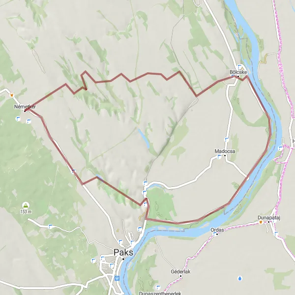 Map miniature of "Bölcske and Lussonium Gravel Loop" cycling inspiration in Dél-Dunántúl, Hungary. Generated by Tarmacs.app cycling route planner