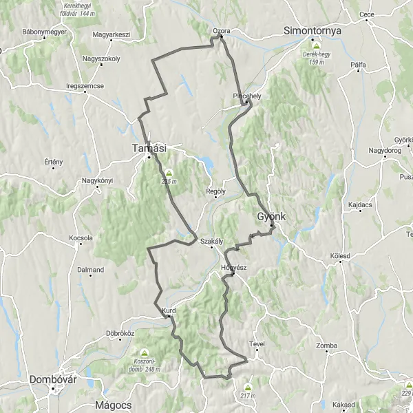 Map miniature of "The Diósberény Express" cycling inspiration in Dél-Dunántúl, Hungary. Generated by Tarmacs.app cycling route planner