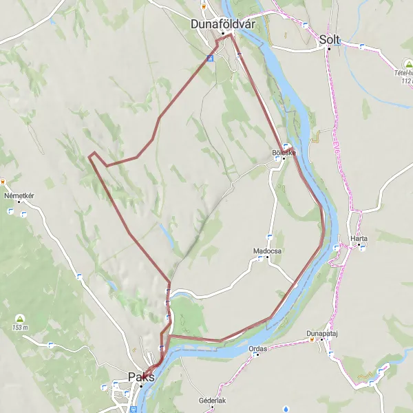 Map miniature of "The Bölcske Loop" cycling inspiration in Dél-Dunántúl, Hungary. Generated by Tarmacs.app cycling route planner