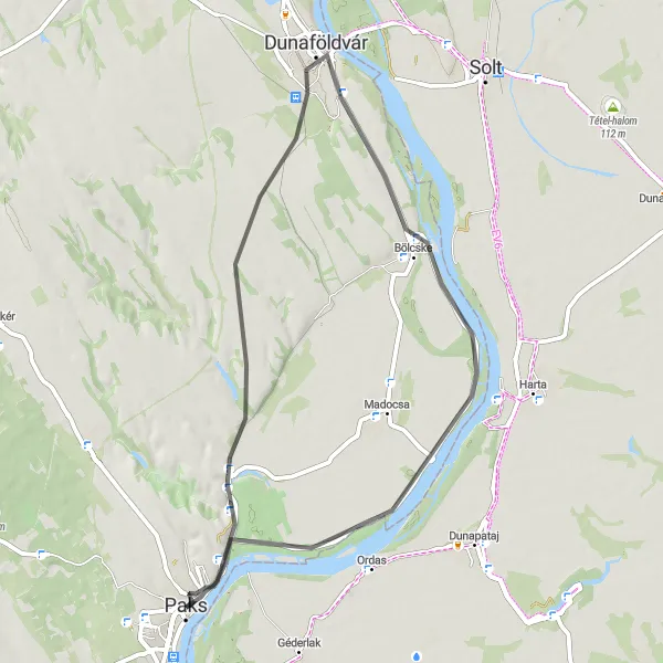 Map miniature of "Paks to Bölcske Road Ride" cycling inspiration in Dél-Dunántúl, Hungary. Generated by Tarmacs.app cycling route planner