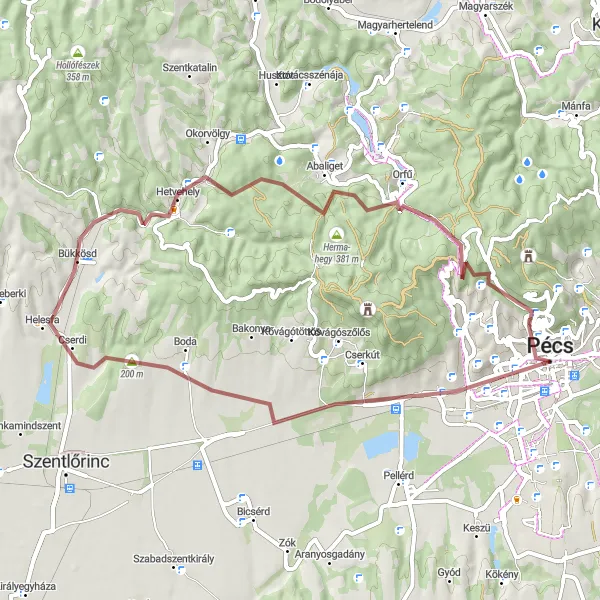 Map miniature of "Gravel adventure from Pécs to Lipóc" cycling inspiration in Dél-Dunántúl, Hungary. Generated by Tarmacs.app cycling route planner