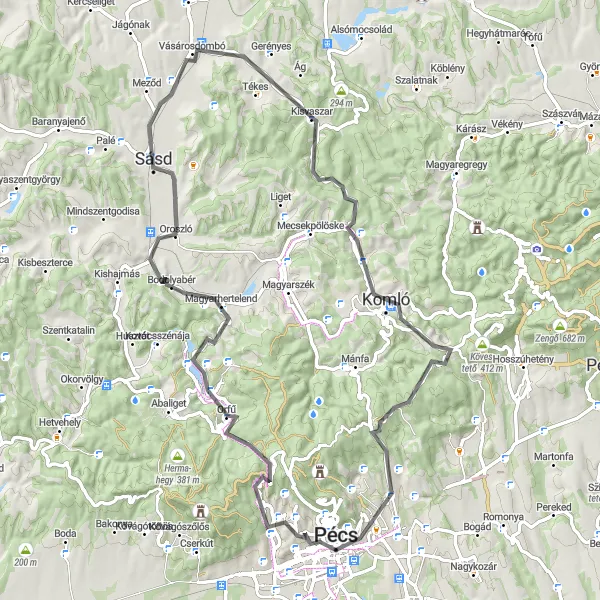 Map miniature of "Scenic road cycling tour around Pécs" cycling inspiration in Dél-Dunántúl, Hungary. Generated by Tarmacs.app cycling route planner