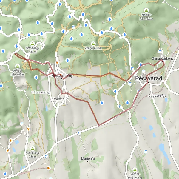 Map miniature of "Pécsvárad - Hosszúhetény - Hármas-hegy - Zengővárkony Gravel Loop" cycling inspiration in Dél-Dunántúl, Hungary. Generated by Tarmacs.app cycling route planner