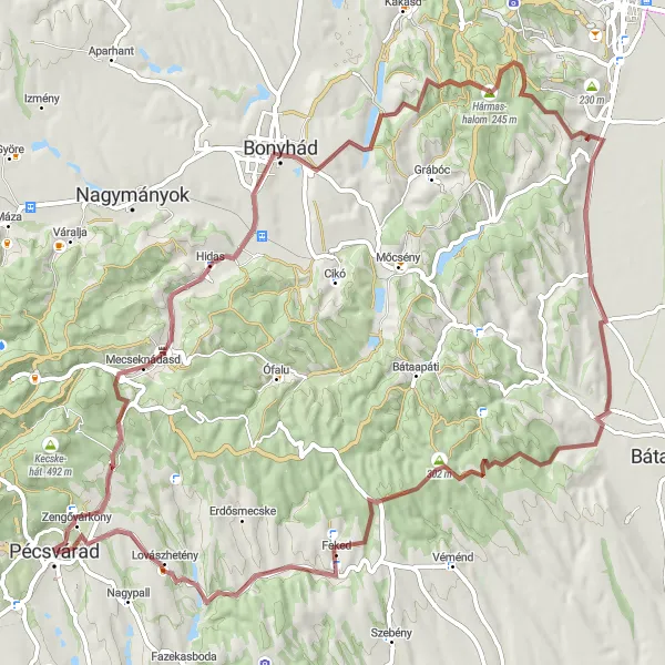 Map miniature of "Pécsvárad - Kakas-hegy - Hidas - Ladomány - Hármas-halom - Feked - Lovászhetény Gravel Route" cycling inspiration in Dél-Dunántúl, Hungary. Generated by Tarmacs.app cycling route planner