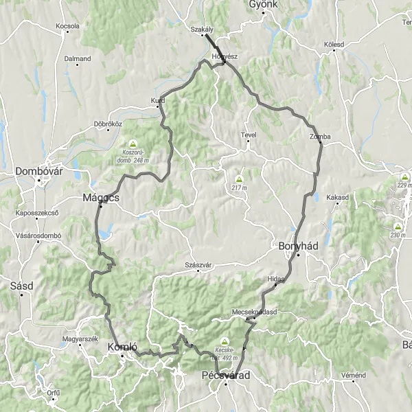 Map miniature of "Pécsvárad - Csengő-hegy - Zobákpuszta - Pap-hegy - Kisvaszar - Nagyhajmás - Csibrák - Hőgyész - Zomba - Hidas - Várhegyi kilátó - Zengővárkony Round-Trip" cycling inspiration in Dél-Dunántúl, Hungary. Generated by Tarmacs.app cycling route planner