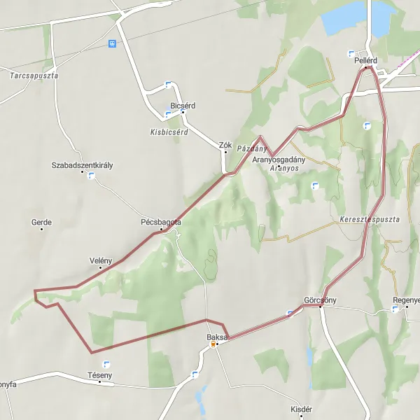 Map miniature of "Pellérd Gravel Loop" cycling inspiration in Dél-Dunántúl, Hungary. Generated by Tarmacs.app cycling route planner