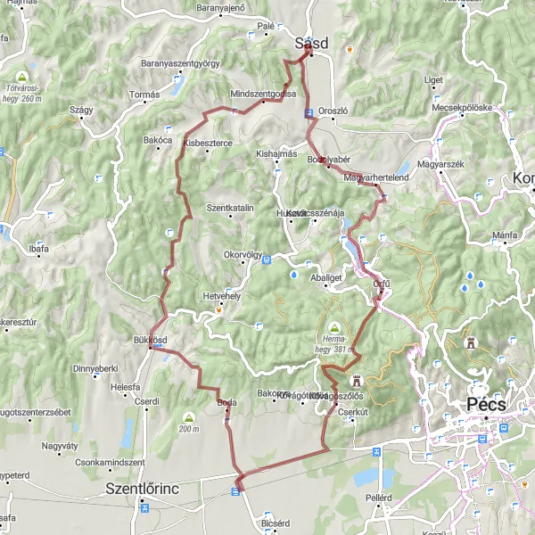 Map miniature of "The Countryside Explorer" cycling inspiration in Dél-Dunántúl, Hungary. Generated by Tarmacs.app cycling route planner