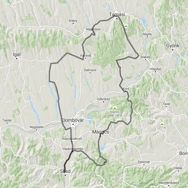 Map miniature of "The Legendary Tour: Sásd to Vásárosdombó with a Twist" cycling inspiration in Dél-Dunántúl, Hungary. Generated by Tarmacs.app cycling route planner