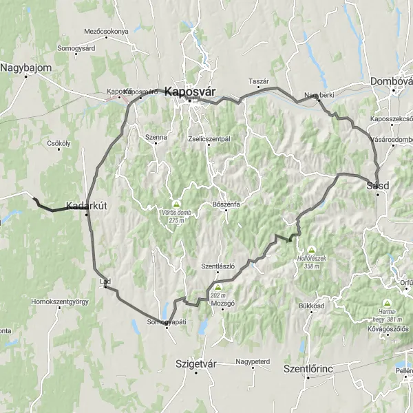 Map miniature of "The Kaposvár Adventure" cycling inspiration in Dél-Dunántúl, Hungary. Generated by Tarmacs.app cycling route planner